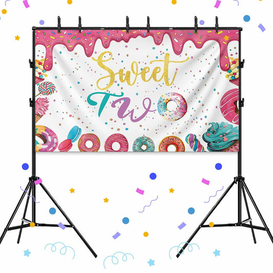 xuanflyF Donut Sweet Two Birthday Party Backdrop Banner 5x3ft Pink Cotton