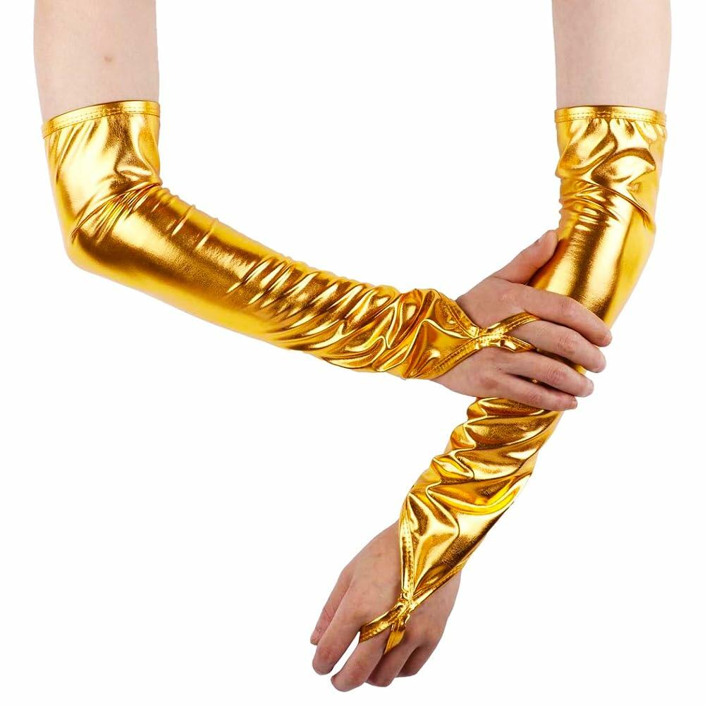 GFLPO Fashion Fingerless Metallic Satin Long Elastic Gloves Gold Elbow Length