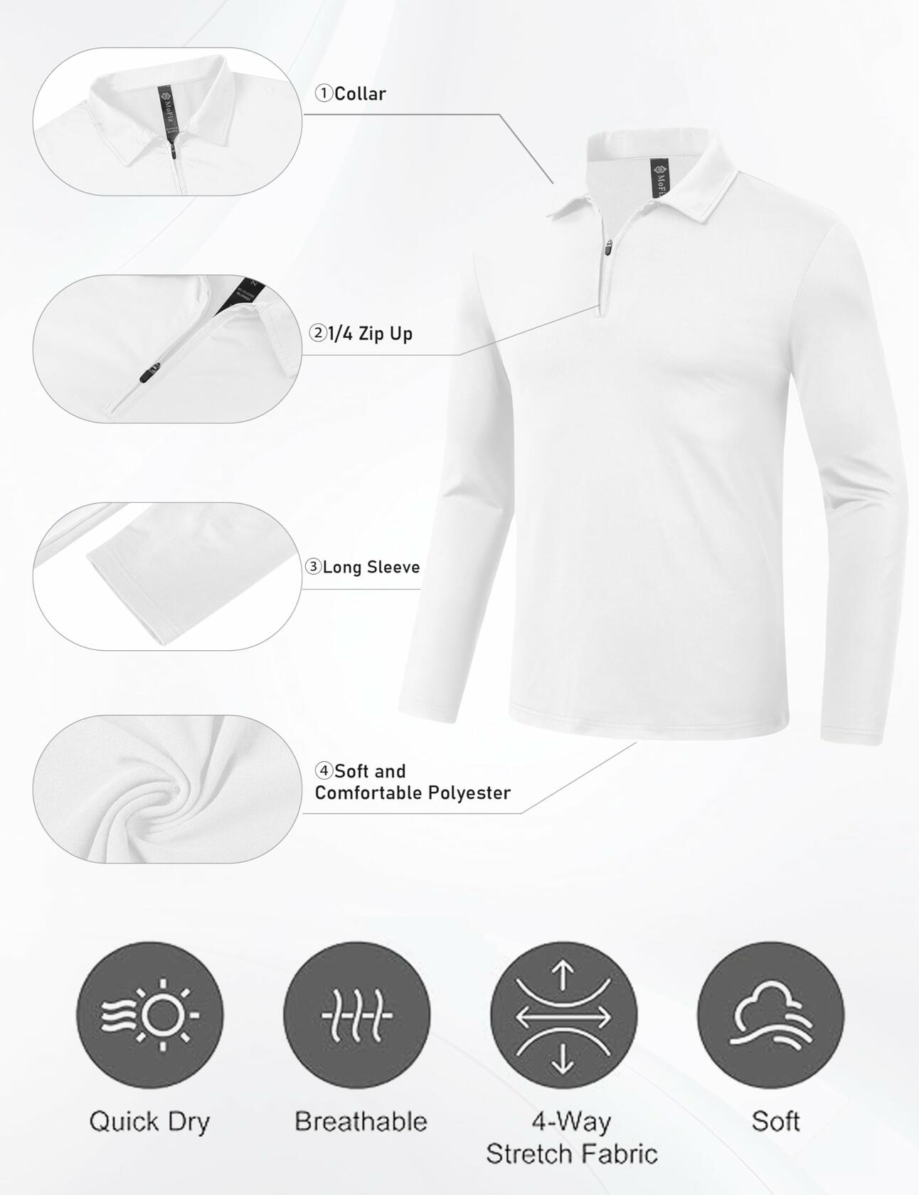 MoFiz Men's Long Sleeve Polo Shirt Quarter Zipper Quick Dry White Size S