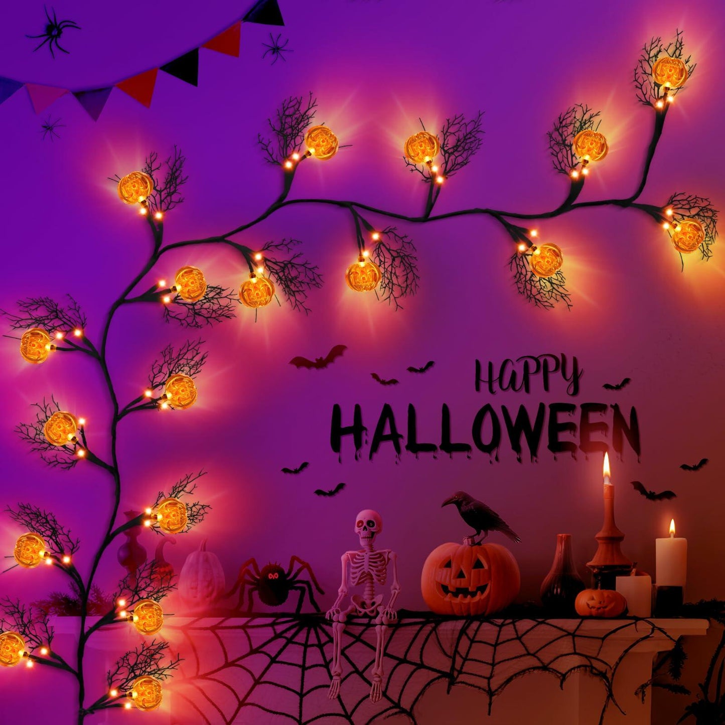 Slixune 6FT Halloween Willow Vine Twig Garland 45 LED Orange Lights