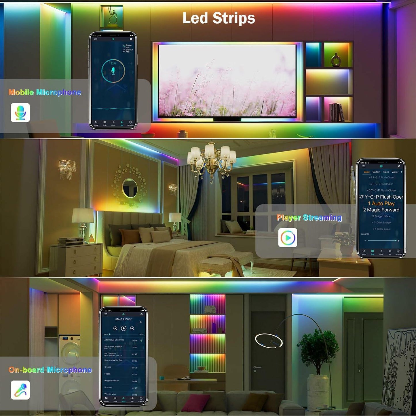DTQJ 33FT IC-RGB LED Strip Lights Bluetooth Remote USB RGB Multi-Color