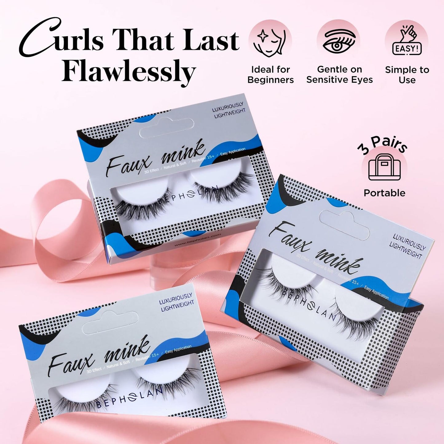 Bepholan 3 Pair 3D Faux Mink False Eyelashes Natural Look Soft Band M11