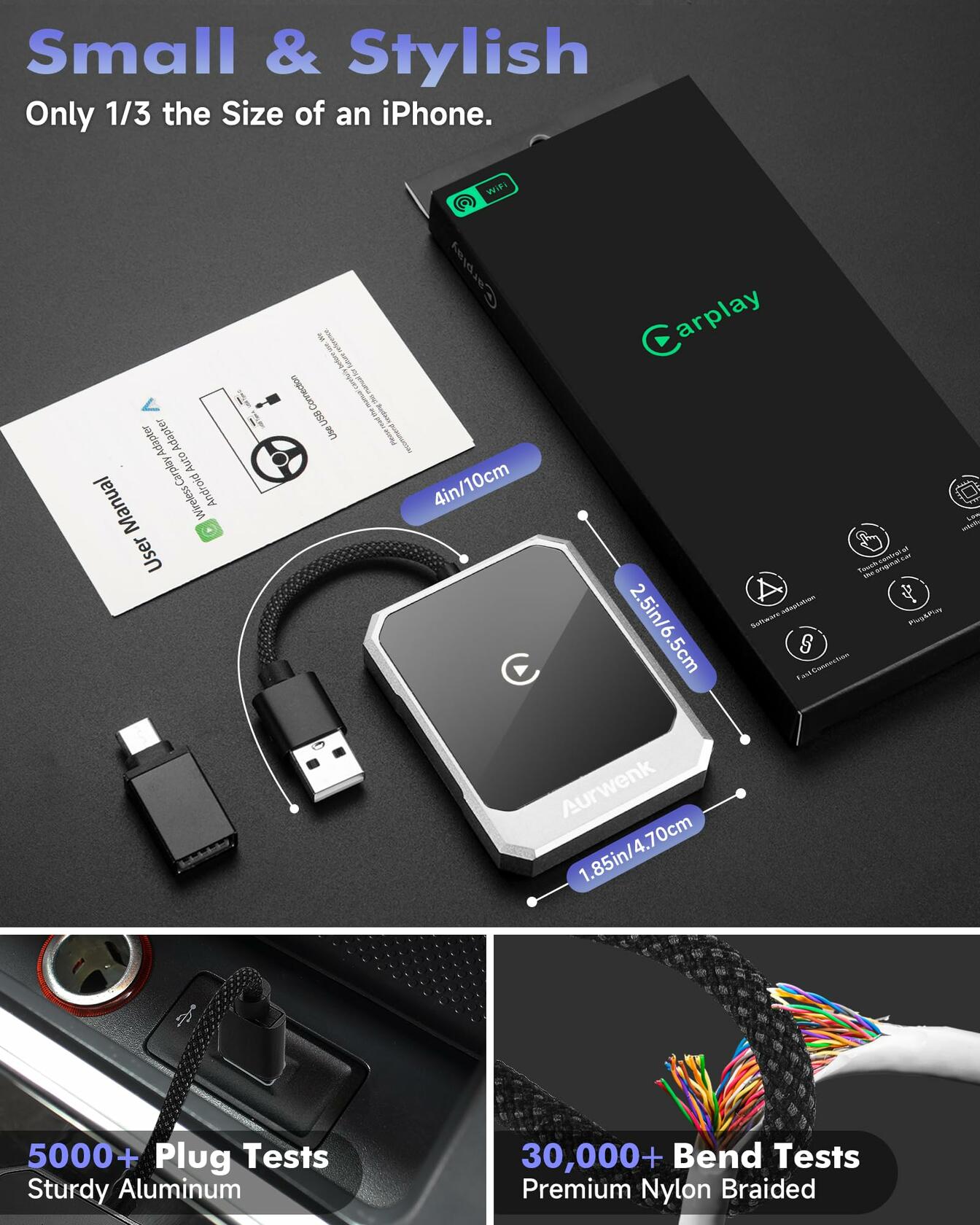 Aurwenk Wireless CarPlay Adapter for iPhone Mini Dongle Silver Plug & Play