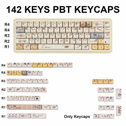COOMICKEY PBT Cat Keycaps 142-Key Set Kawaii Dye-Sub for MX Mechanical Keyboards