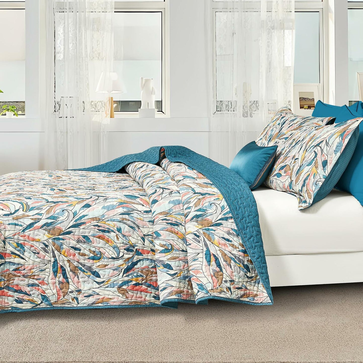 SLEEPBELLA Cotton Quilt Set Reversible Blue Geometric 3Pcs King 106x96