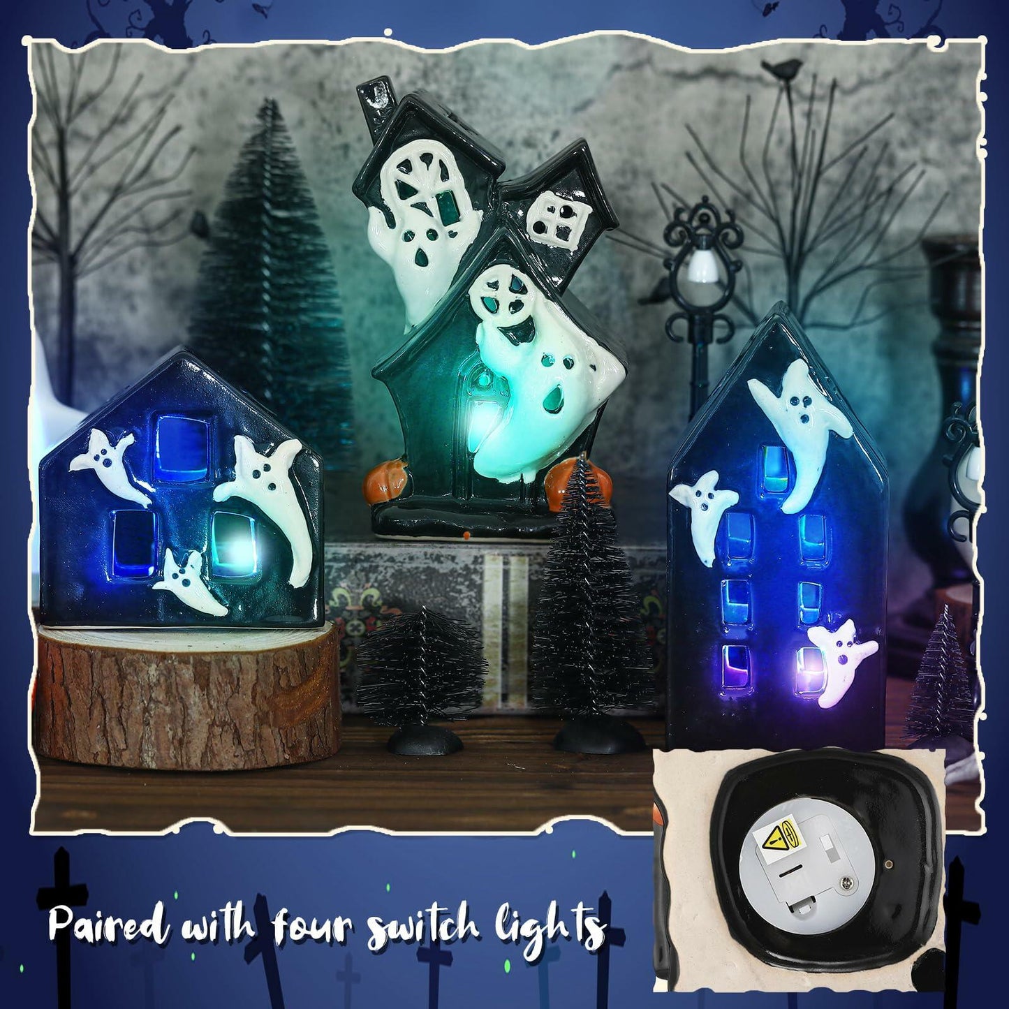 VioraWhite 15 Pcs Lighted Ceramic Halloween Village Accessories Set Black