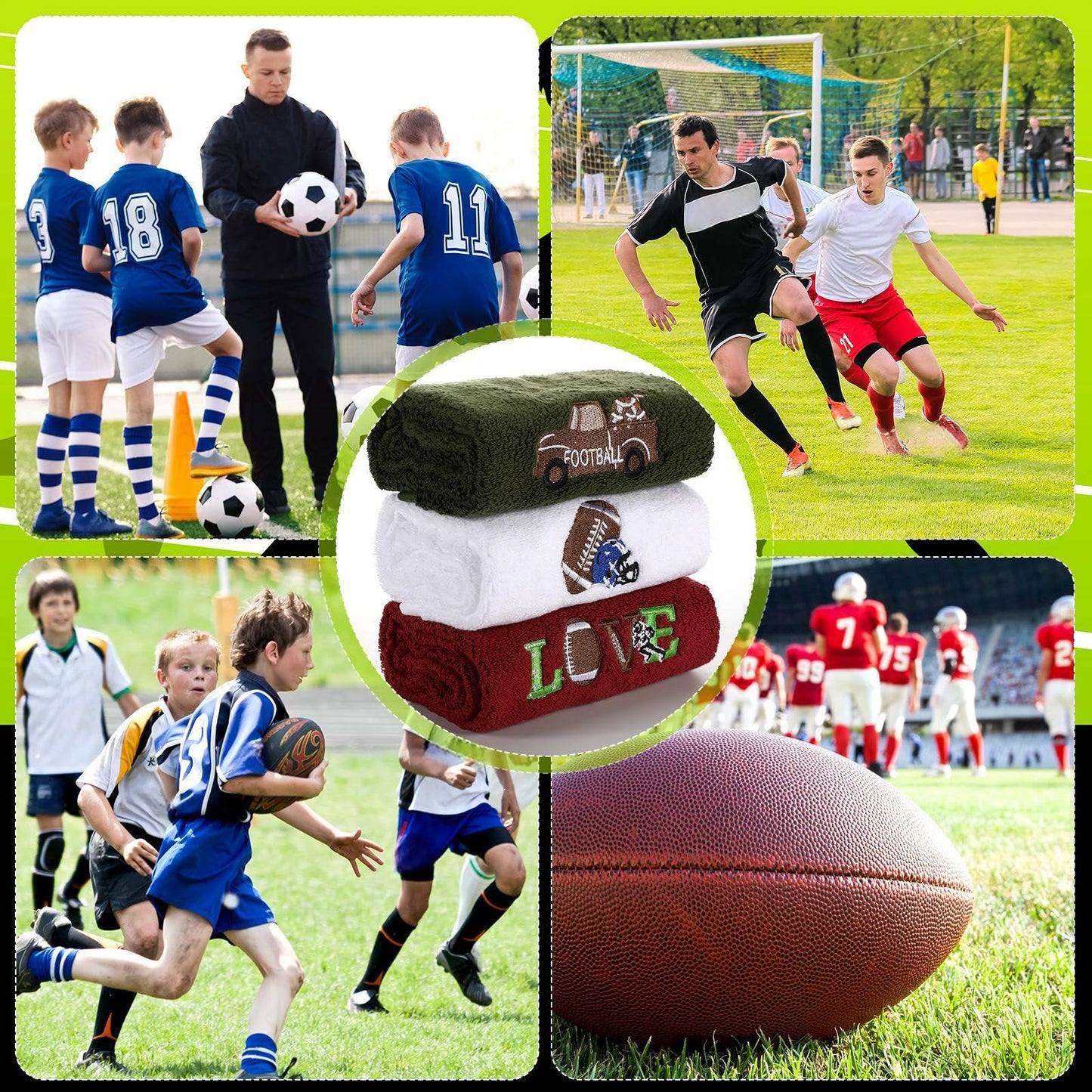 Fanfanwin 3 Pc Cotton Football Hand Towels 14x29 Rust Dark Green White