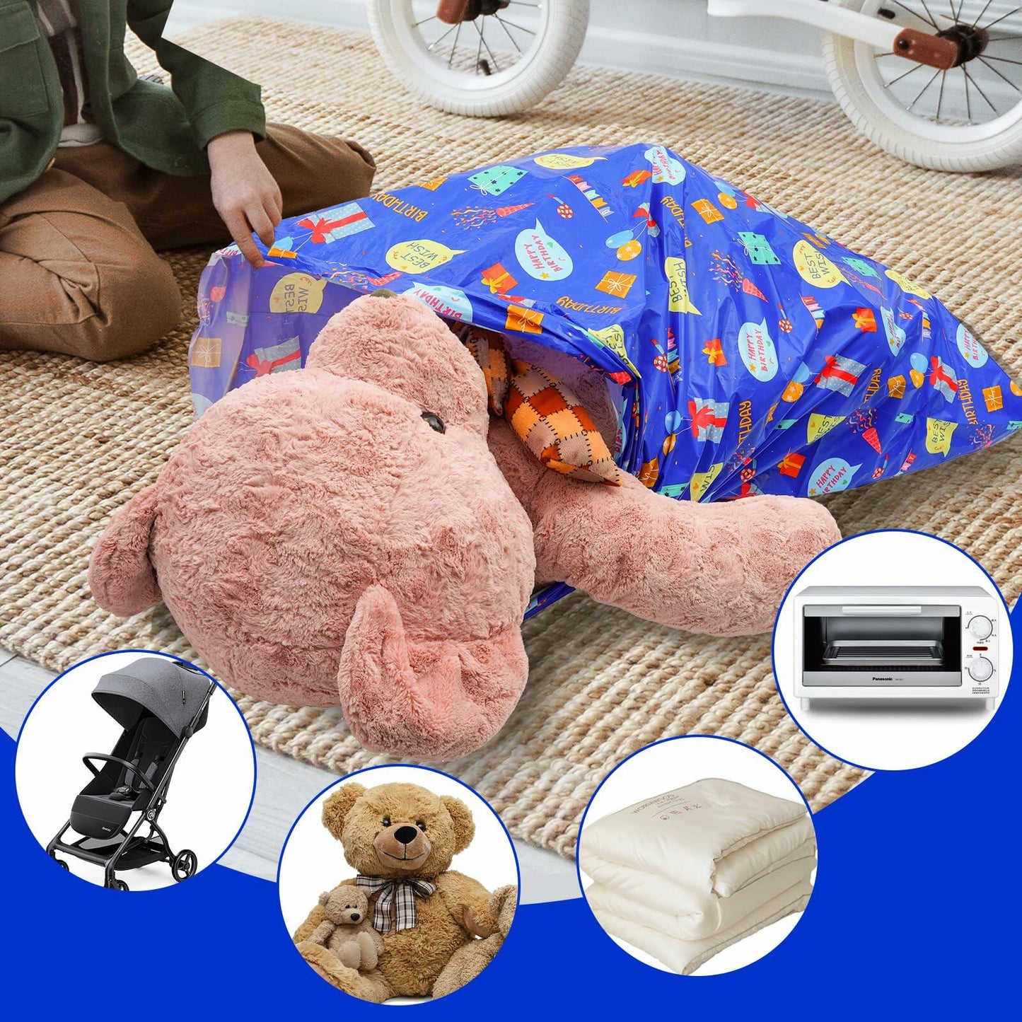 Plauthus 56" Jumbo Plastic Gift Bag Birthday Pattern Blue & Pink Pack of 2