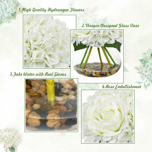N&T NIETING Artificial White Hydrangea Flowers with Vase & Real Stone Decor