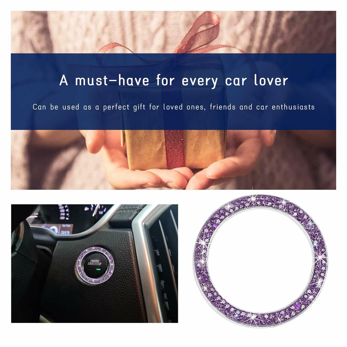 Dickno Bling Crystal Double Rhinestone Car Engine Start Stop Ring Purple 2 PCS
