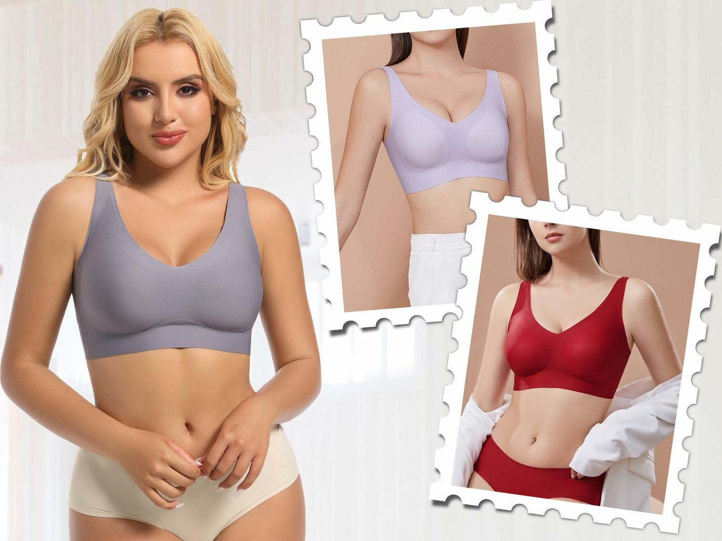 PRETTYWELL Wireless Seamless Comfort Bra for Women V-Neck Padded Pink