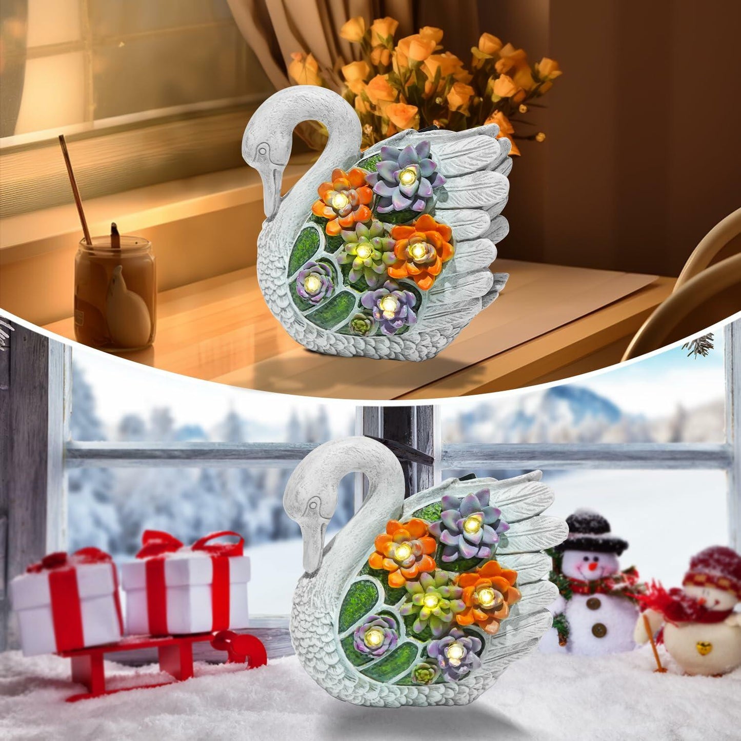 ENOU Solar Garden Swan Statue Outdoor Patio Yard Decor White Metal