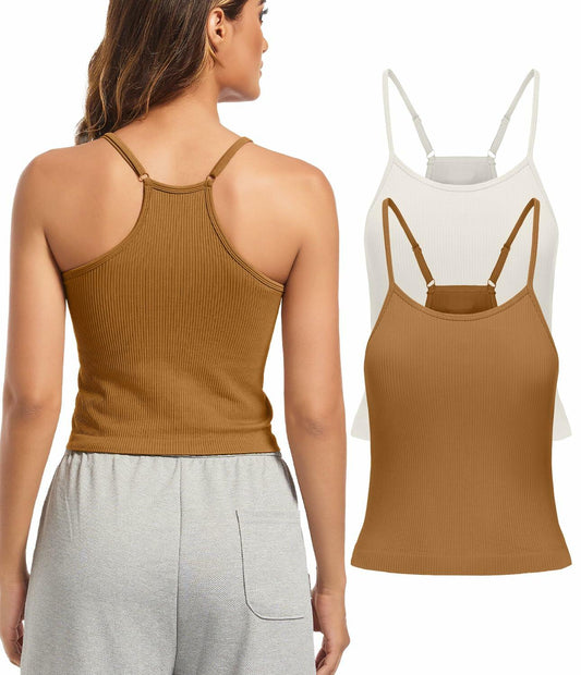 OVESPORT 2Pack Workout Tank Tops Women Built-in Bra Brown+White Size L