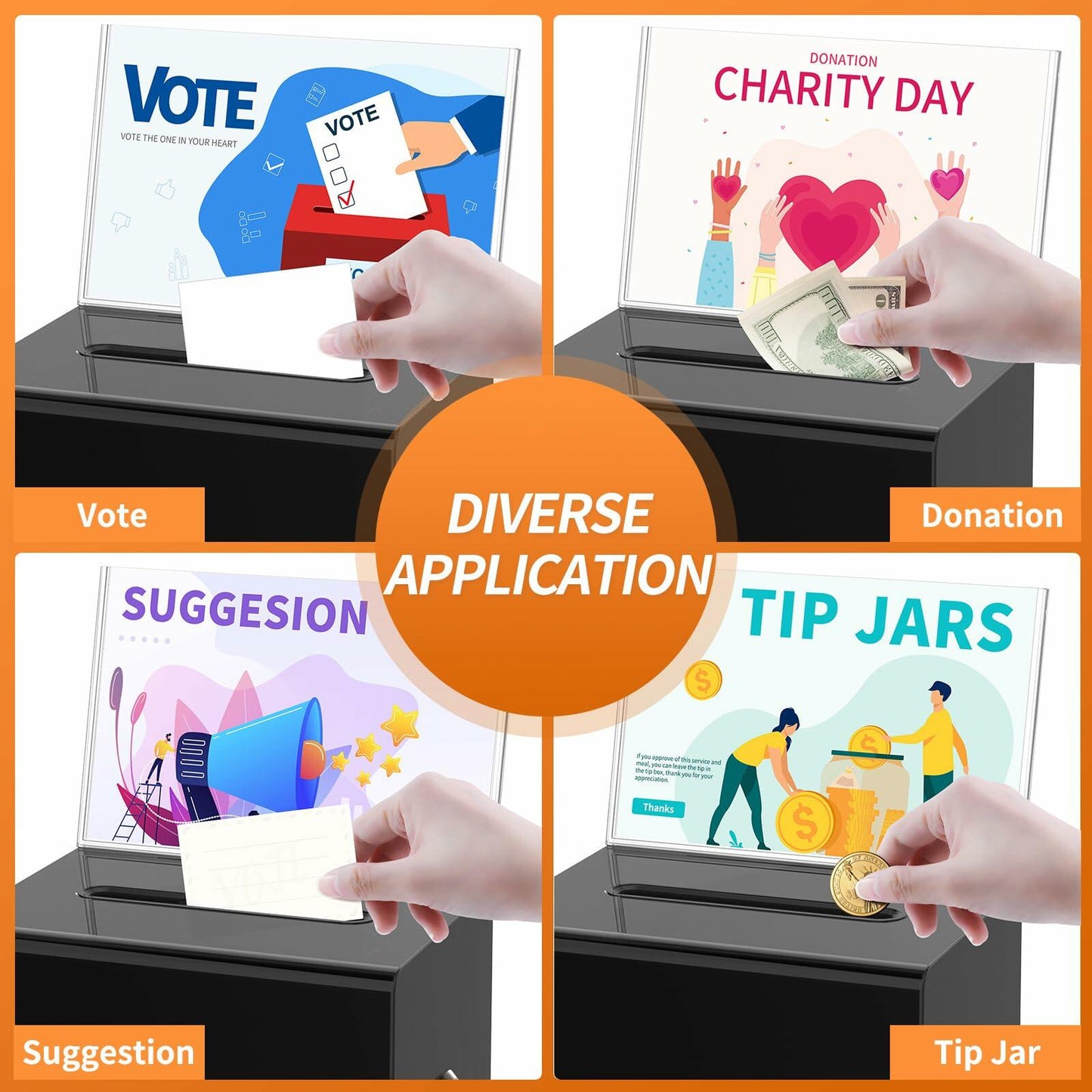 KABOSHI Donation Box with Lock & Sign Holder, Clear Acrylic, Black 3 Pack