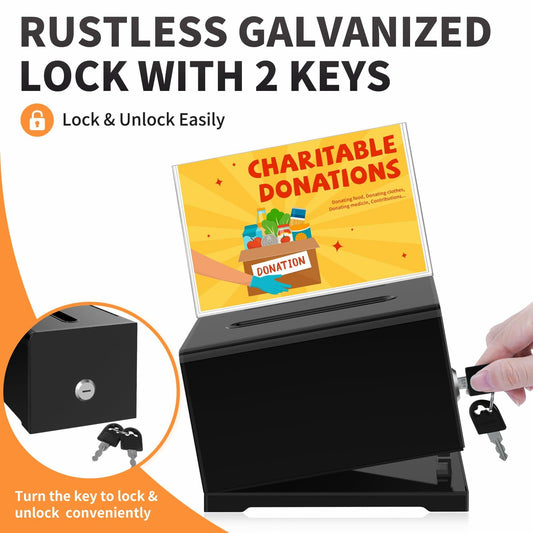 KABOSHI Donation Box with Lock & Sign Holder, Clear Acrylic, Black 3 Pack