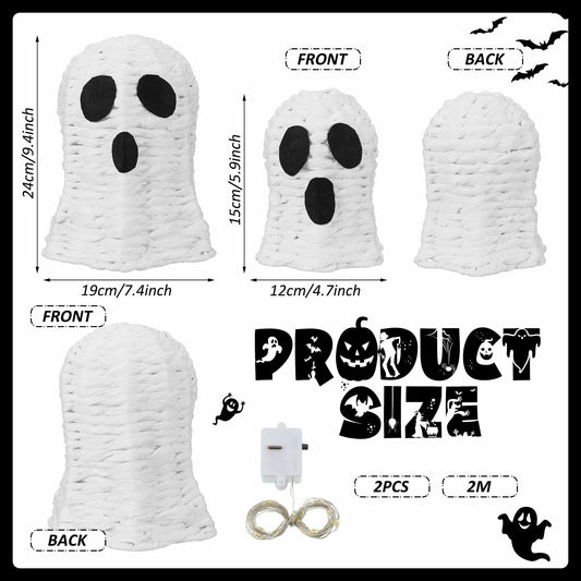 Soulchen Halloween Rattan Ghosts Decor 9.4" & 5.9" Light Up White 2 Pcs