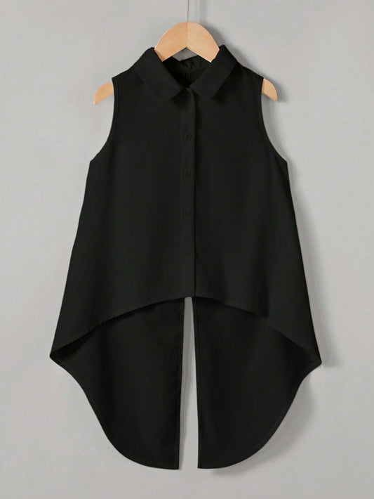 Verdusa Girl's Button Front Bow Back Sleeveless Blouse Black Size 9 Years