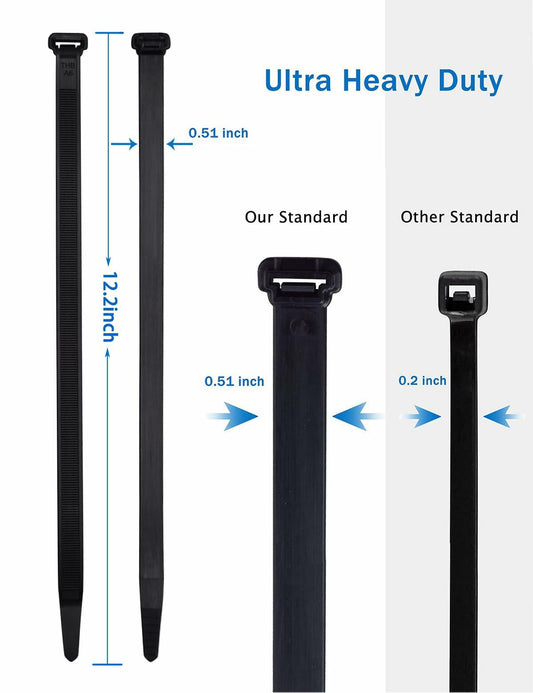 LOMAZH Cable Zip Ties 50pcs 12.2in Black Nylon 250lbs Tensile Strength