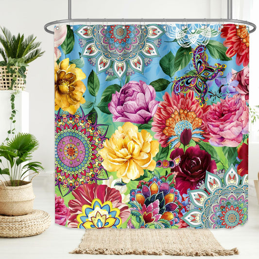 weesire Boho Floral Fabric Shower Curtain Colorful 72x72 Inch