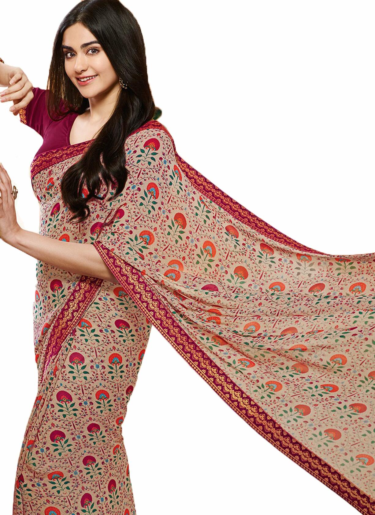 MOHIT CREATIONS Women's Partywear Printed Saree Pink Wool Georgette One Size