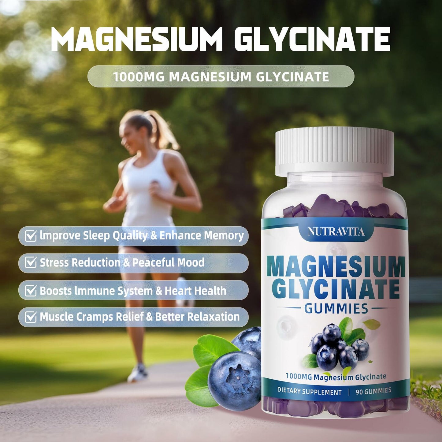 BestBy09/26 Nutravita Magnesium Glycinate Gummies 1000mg 90ct Blueberry