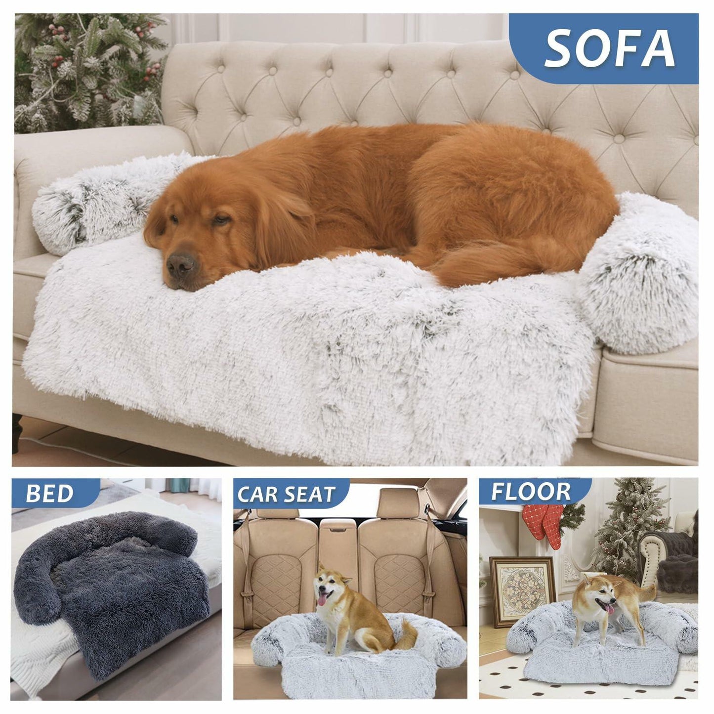 Calming Dog Cat Bed Mat Waterproof Plush Navy Blue Size 41x37