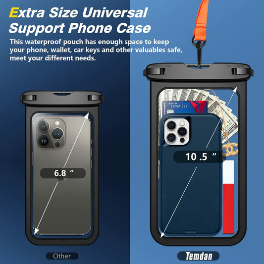 Temdan 2 Pcs Waterproof Phone Pouch IPX8 Up to 10" Large Black with Lanyard