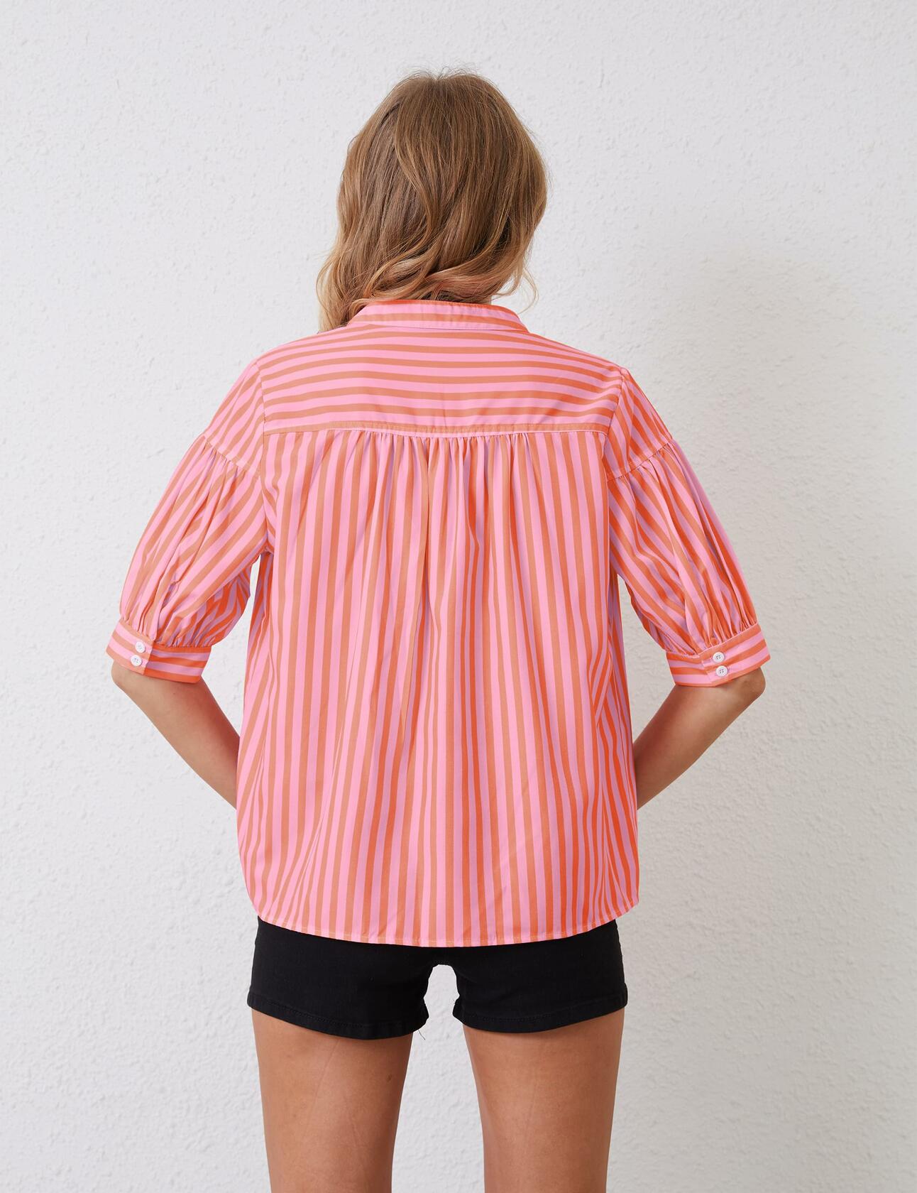 MSBESYOR Women Puff Short Sleeve Striped V Neck Blouse Pink Size S