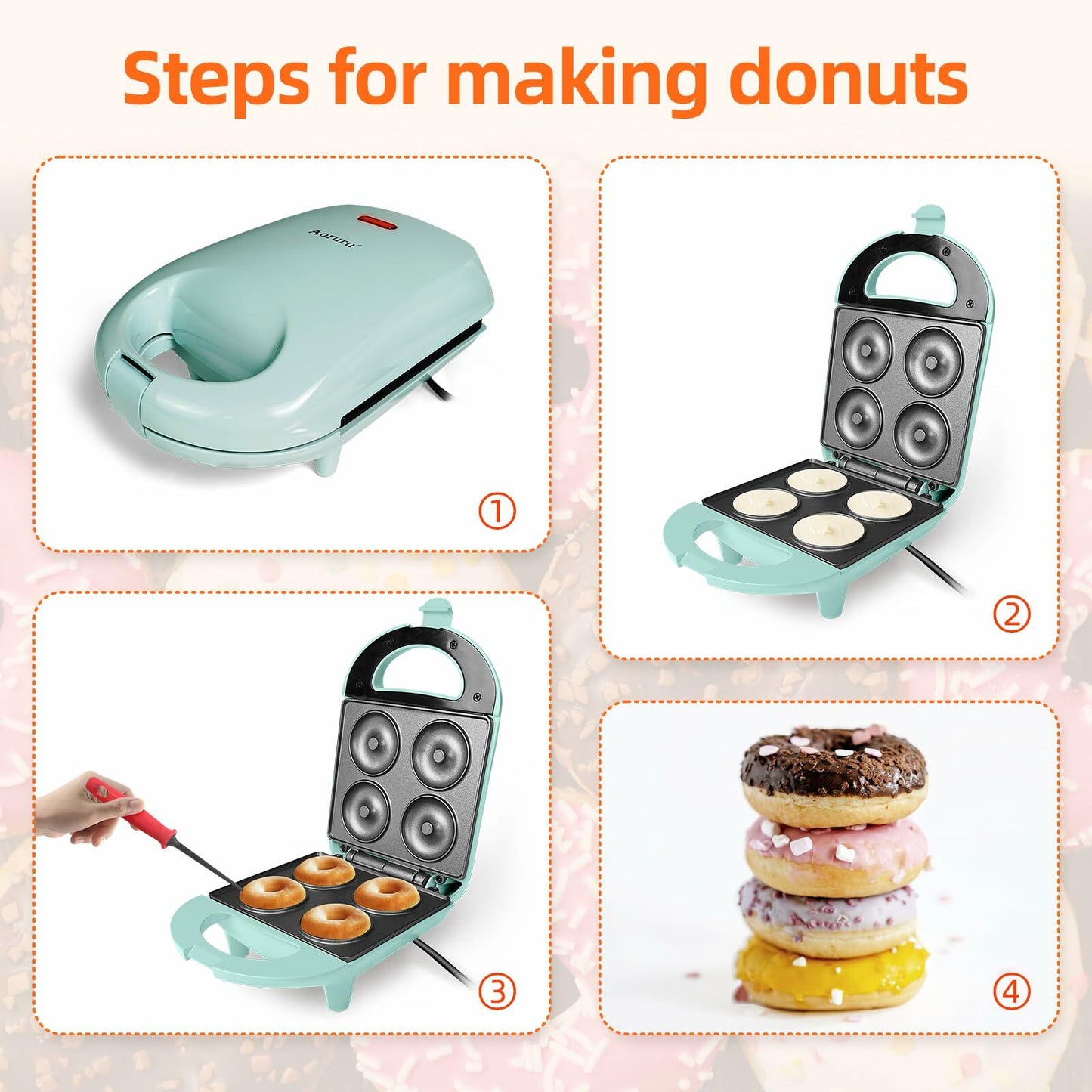 Aoruru Mini Donut Maker for Kids Mint Color Makes 4 Doughnuts
