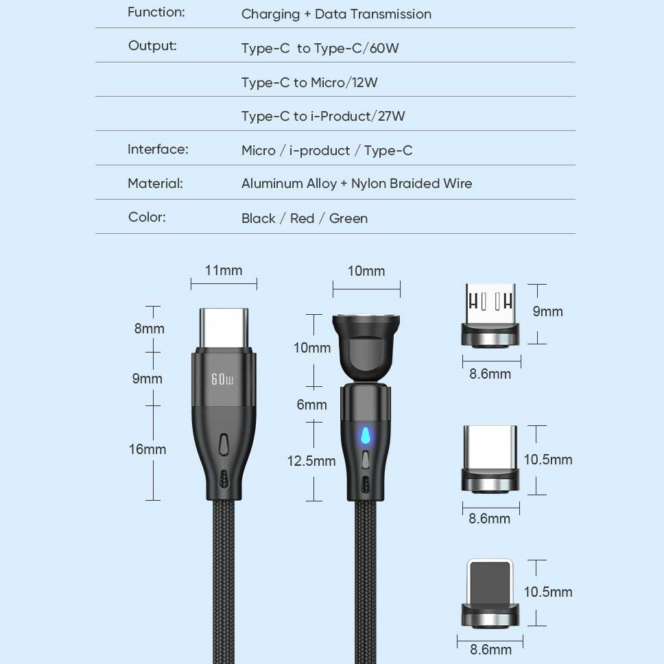 Generic Magnetic PD 60W USB C Charging Cable 3.3ft Black 1pc Aluminum