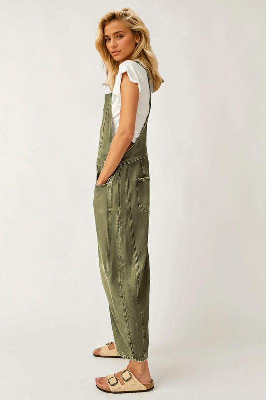 Kedera Wide Leg Casual Loose Fit Adjustable Jumpsuit Green Size XL