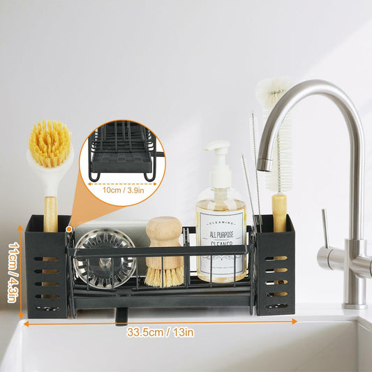 LBTING Sink Caddy Kitchen Organizer with 2 Brush Slots Black Carbon Steel