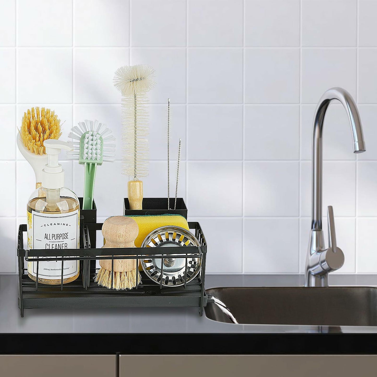 LBTING Sink Caddy Kitchen Organizer with 2 Brush Slots Black Carbon Steel