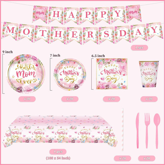 Janinus 162PCS Mothers Day Party Supplies Banner Tablecloth Heart Floral