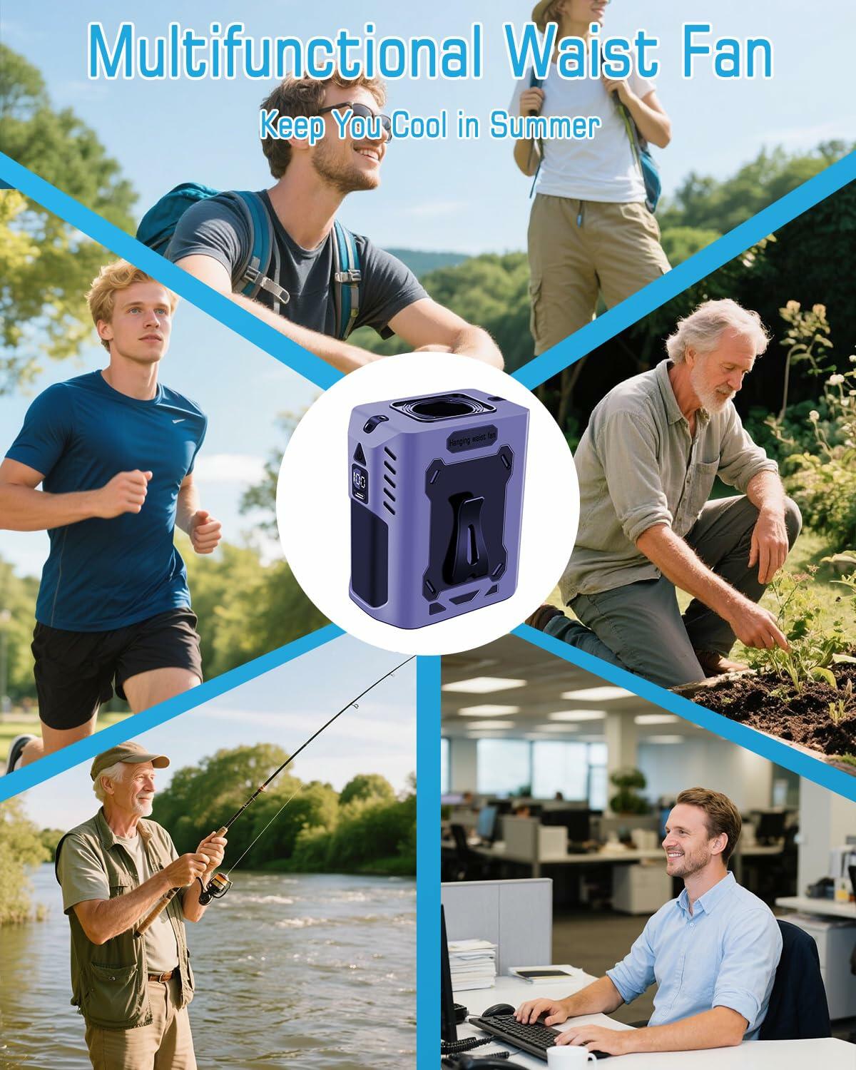 Quiwun Portable Waist Fan Clip On 8000mAh 5 Speeds Flashlight Orange