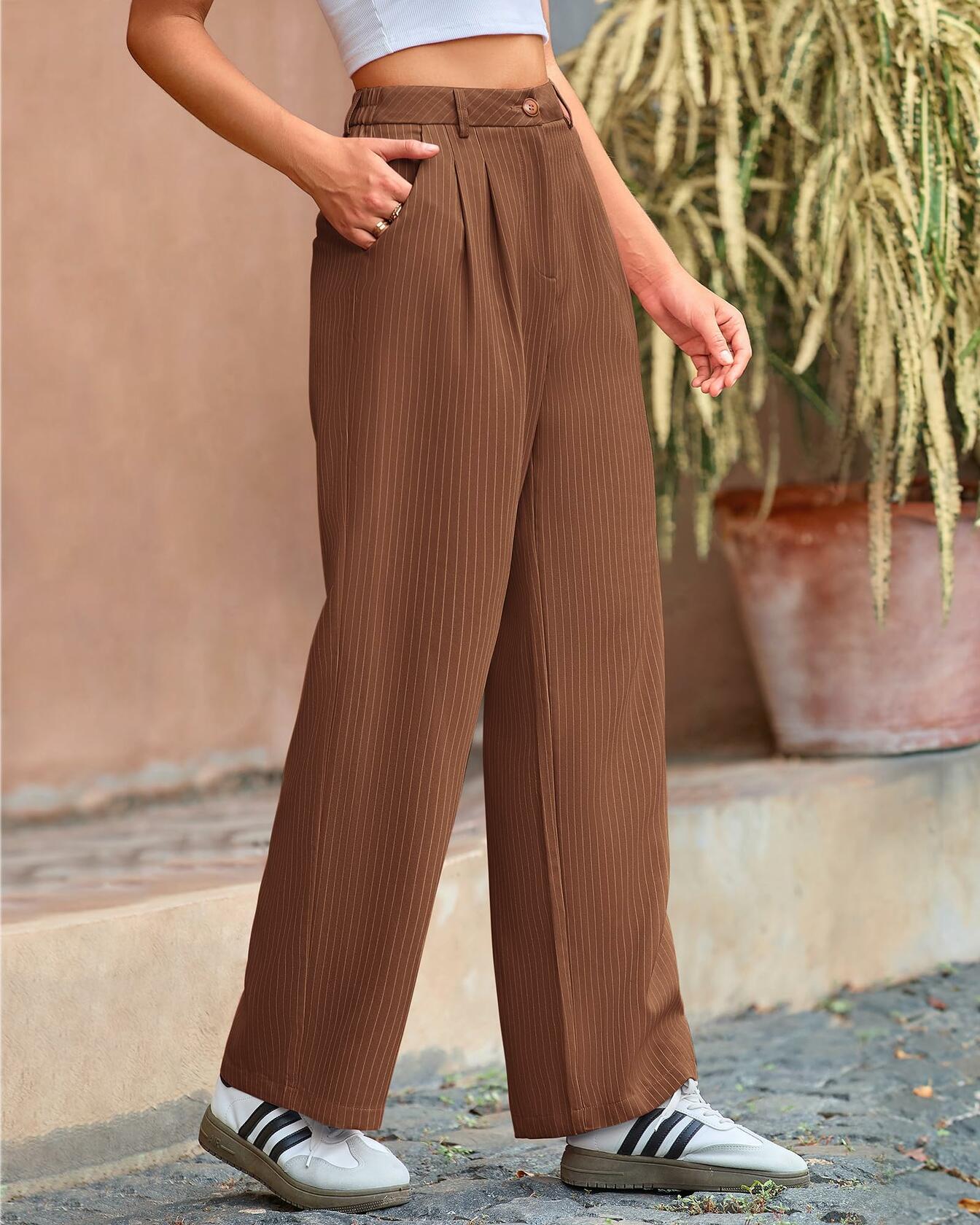 BTFBM Women Striped Wide Leg Palazzo Dress Pants Khaki Size 8