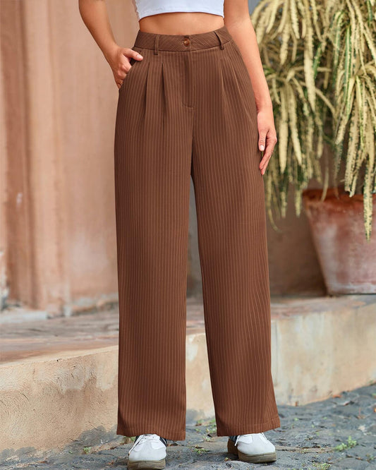 BTFBM Women Striped Wide Leg Palazzo Dress Pants Khaki Size 8