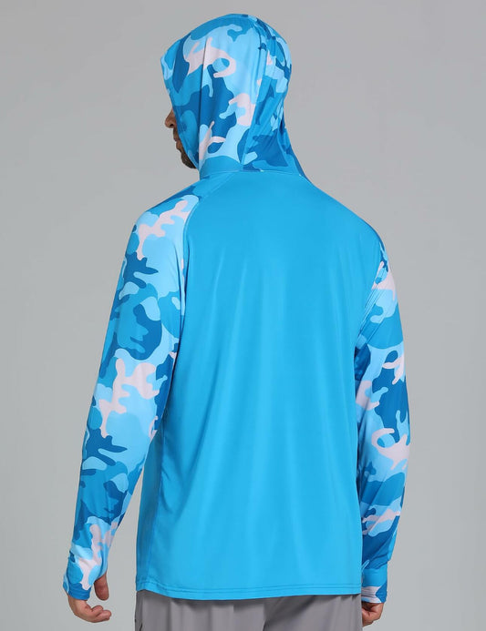 Endyart Men's UPF 50+ UV Hoodie Rash Guard Shirt Long Sleeve Camo Blue Size S