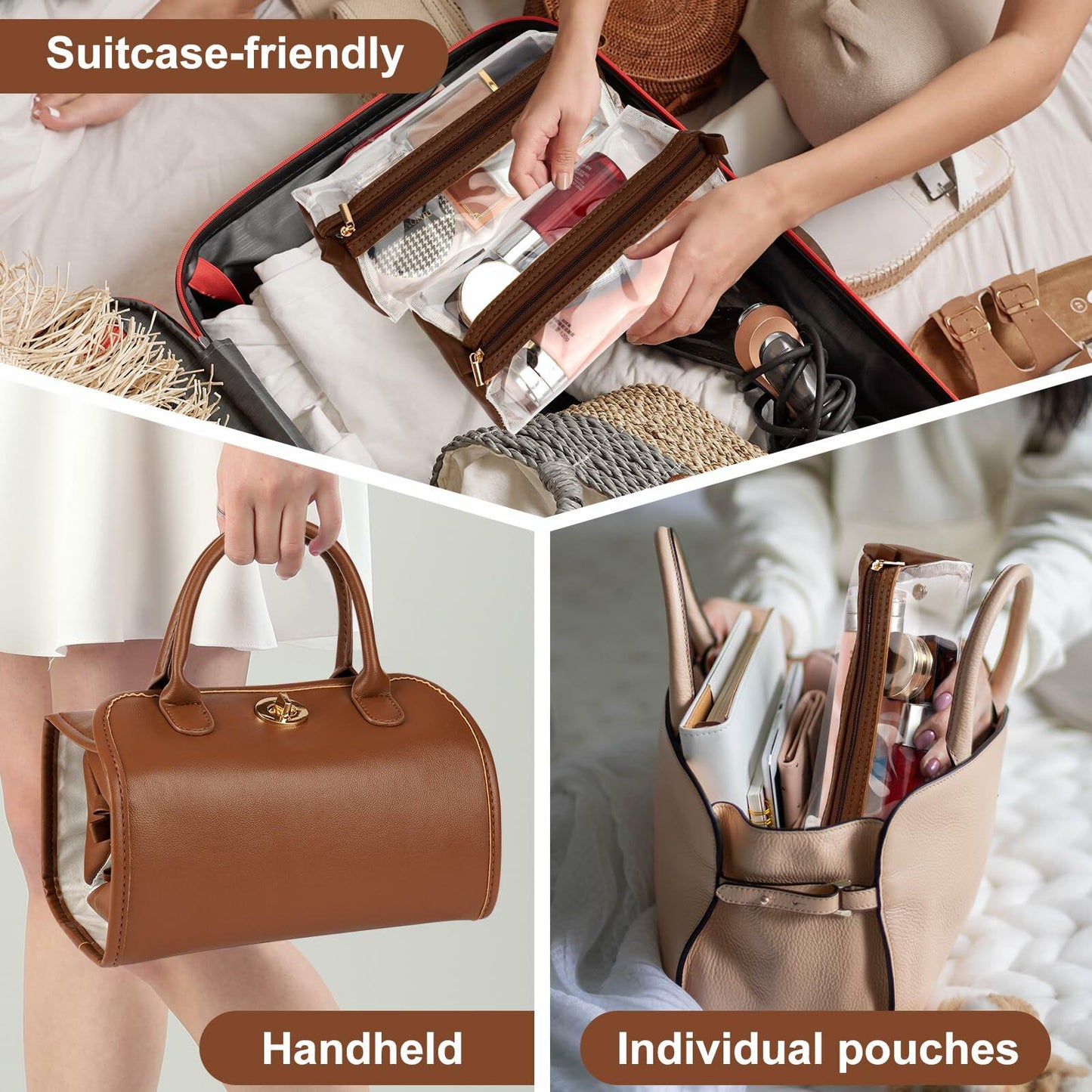 voioe Travel Makeup Organizer Bag Foldable Toiletry Large Capacity Brown