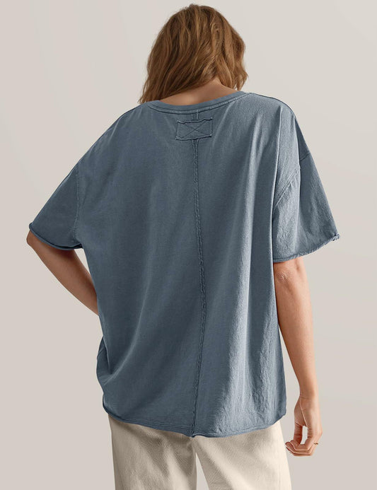 TARSE Oversized Loose Fit Cotton Tunic Tee Women Short Sleeve Blue Mirage Small