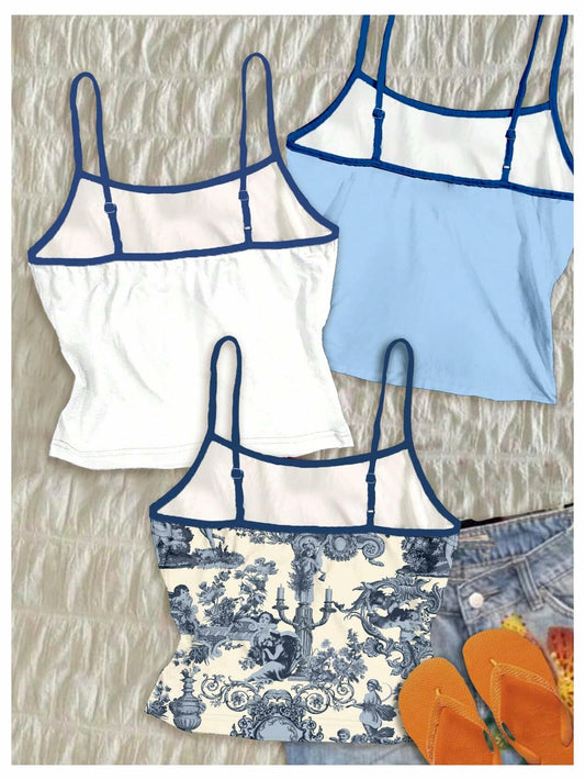 SOLY HUX Women's Vintage Floral Crop Cami Top 3 Pack Blue Multi Size M