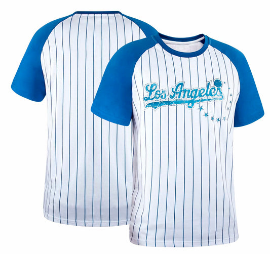 Fansamer Mens City Vintage Pinstripe Crew Neck Tee Shirt Blue White Size XL