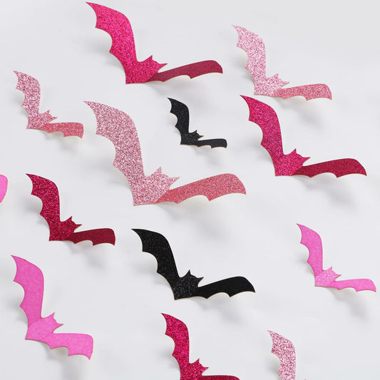 Sursurprise 48PCS 3D Halloween Bat Wall Stickers Pink Black Hot Pink Decor