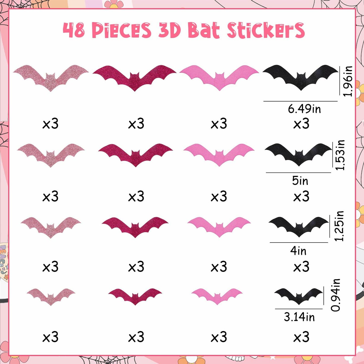 Sursurprise 48PCS 3D Halloween Bat Wall Stickers Pink Black Hot Pink Decor