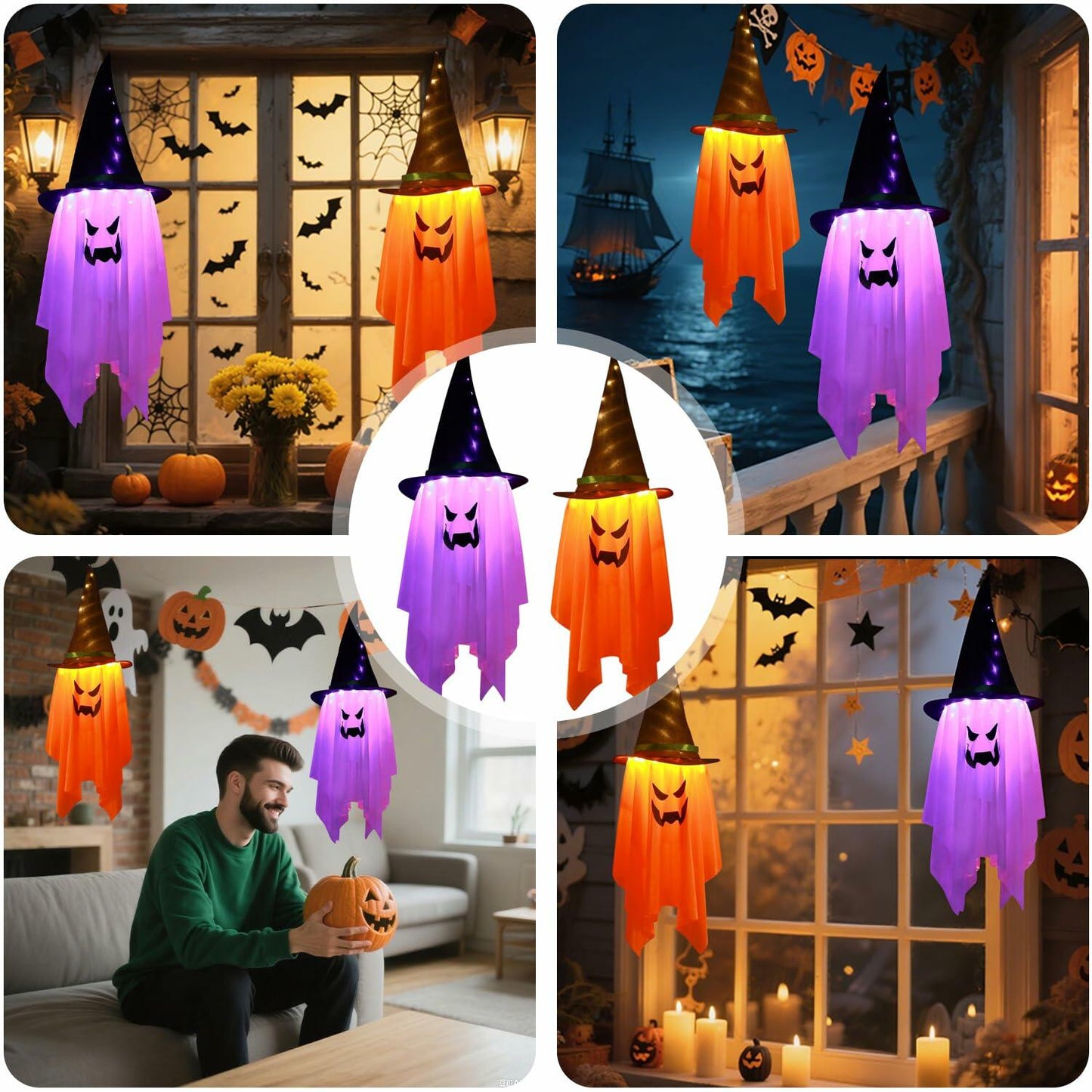 Svkipibe 2PCS 42x14in Halloween Large Standing Ghost Lights Orange 8 Modes