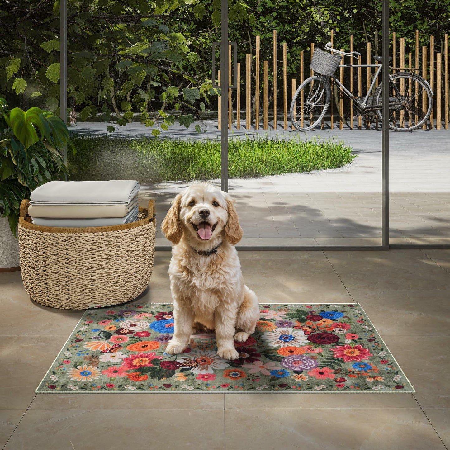 GRAMBET Area Rug 24x17 Inch Non Slip Low Pile Floral Green Garden