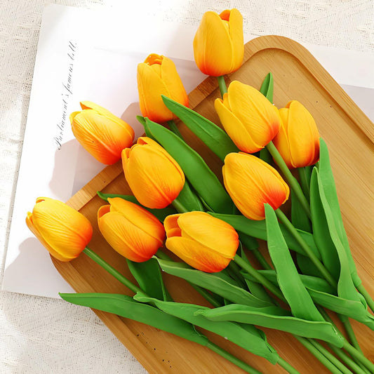 Tumhorn 10pcs Yellow Red Artificial Tulip Flowers 13in Silk Bouquet