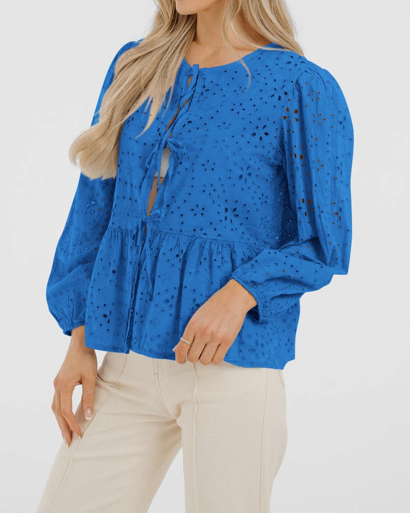 KIRUNDO Babydoll Long Sleeve Tie Front Eyelet Cotton Top Blue Size XL