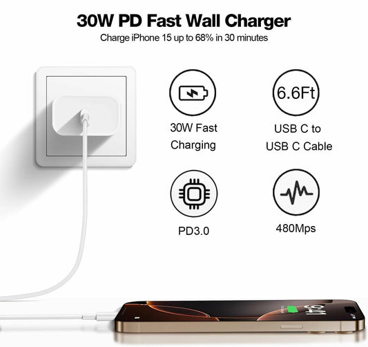30W USB-C Fast Charger for Google Pixel with 6.6FT Cable Type C Adapter Block