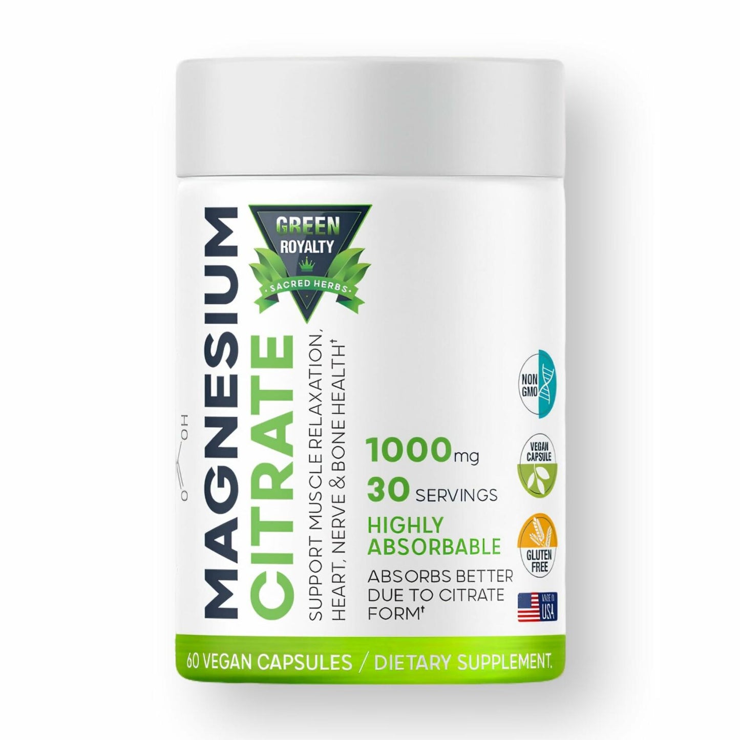 GREEN ROYALTY Magnesium Citrate 1000mg 60 Vegan Capsules Gluten Free USA